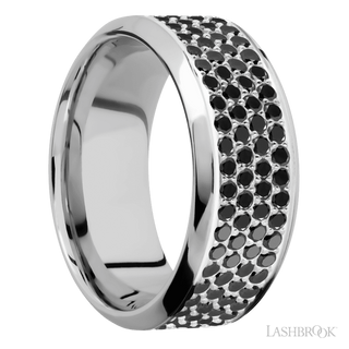 9 mm wide/High Bevel/14K White Gold band with a 4 Row Half Eternity arrangement of .015 carat Round Black Diamond stones in a Bead Channel setting.