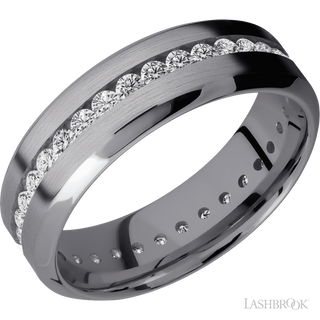 7 mm wide/High Bevel/Tantalum band with an Eternity arrangement of .03 carat Round Lab Grown Diamond stones in a Channel setting.