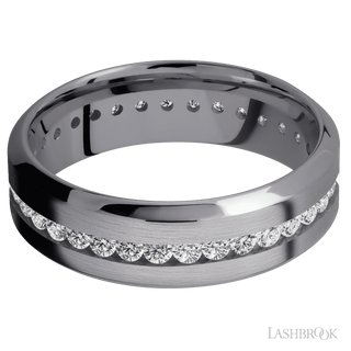 7 mm wide/High Bevel/Tantalum band with an Eternity arrangement of .03 carat Round Lab Grown Diamond stones in a Channel setting.