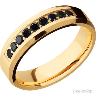 6 mm wide/Beveled/14K Yellow Gold band with an  arrangement of 9, .05 carat Round Black Diamond stones in a Bead Channel setting.