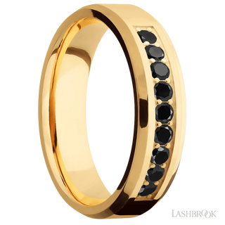 6 mm wide/Beveled/14K Yellow Gold band with an  arrangement of 9, .05 carat Round Black Diamond stones in a Bead Channel setting.