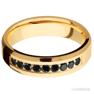 6 mm wide/Beveled/14K Yellow Gold band with an  arrangement of 9, .05 carat Round Black Diamond stones in a Bead Channel setting.