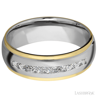 7 mm wide/Domed Stepped Down Edges/Cobalt Chrome band with  two 1 mm Edge inlays of 14K Yellow Gold and featuring an  arrangement of 9, .05 carat Round Diamond stones in a Channel setting