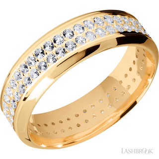 7 mm wide/High Bevel/14K Yellow Gold band with a 2 Row Eternity arrangement of .015 carat Round Diamond stones in a Bead Channel setting.