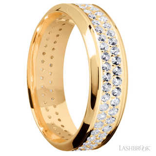 7 mm wide/High Bevel/14K Yellow Gold band with a 2 Row Eternity arrangement of .015 carat Round Diamond stones in a Bead Channel setting.