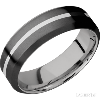 7 mm wide/High Bevel/Zirconium band with one 1 mm Centered inlay of Palladium Silver also featuring a Palladium Silver sleeve.