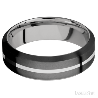 7 mm wide/High Bevel/Zirconium band with one 1 mm Centered inlay of Palladium Silver also featuring a Palladium Silver sleeve.