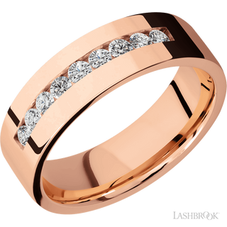 7 mm wide/Flat/14K Rose Gold band with an  arrangement of 9, .05 carat Round Diamond stones in a Channel setting.