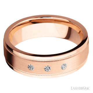 7 mm wide/Flat Stepped Edges Milgrain/14K Rose Gold band with an  arrangement of 3, .03 carat Round Diamond stones in a Flush setting.