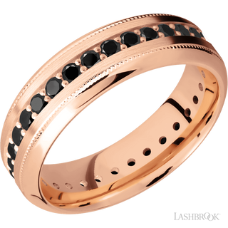7 mm wide/High Bevel Milgrain/14K Rose Gold band with an Eternity arrangement of .03 carat Round Black Diamond stones in a Bead Channel setting.