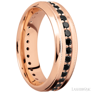 7 mm wide/High Bevel Milgrain/14K Rose Gold band with an Eternity arrangement of .03 carat Round Black Diamond stones in a Bead Channel setting.