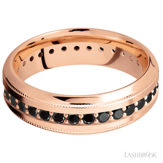7 mm wide/High Bevel Milgrain/14K Rose Gold band with an Eternity arrangement of .03 carat Round Black Diamond stones in a Bead Channel setting.