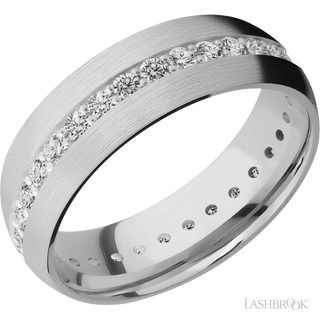 7 mm wide/Domed/14K White Gold band with an Eternity arrangement of .03 carat Round Diamond stones in a Bead Channel setting.