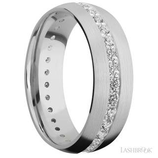 7 mm wide/Domed/14K White Gold band with an Eternity arrangement of .03 carat Round Diamond stones in a Bead Channel setting.