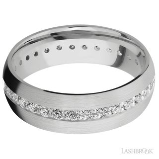7 mm wide/Domed/14K White Gold band with an Eternity arrangement of .03 carat Round Diamond stones in a Bead Channel setting.