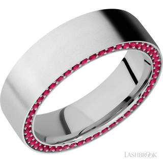 7 mm wide/Flat/14K White Gold band with a Side Eternity arrangement of .01 carat Round Ruby stones in a Bead Channel setting.