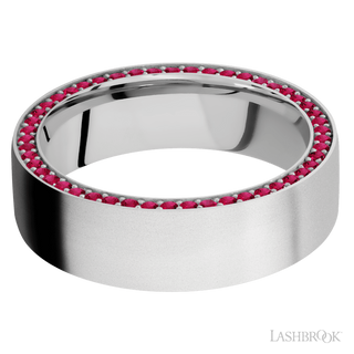 7 mm wide/Flat/14K White Gold band with a Side Eternity arrangement of .01 carat Round Ruby stones in a Bead Channel setting.
