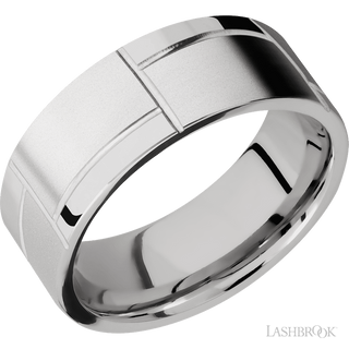 8 mm wide/Flat/14K White Gold band with a machined 3GOCHR pattern.