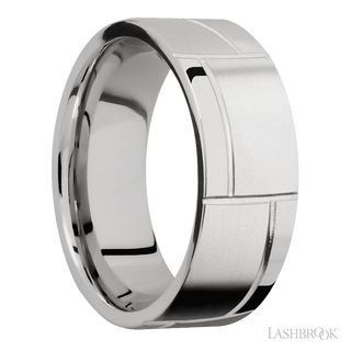 8 mm wide/Flat/14K White Gold band with a machined 3GOCHR pattern.