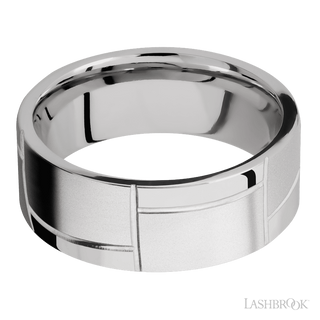 8 mm wide/Flat/14K White Gold band with a machined 3GOCHR pattern.