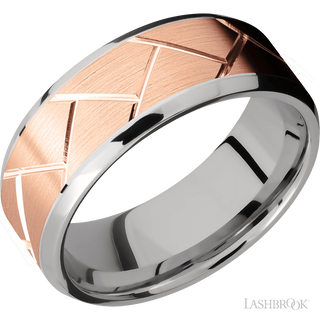 8 mm wide/Beveled/14K White Gold band with one 6 mm Centered inlay of 14K Rose Gold with a machined Flatweave pattern.