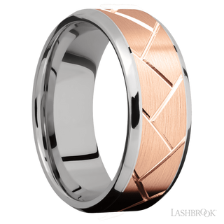 8 mm wide/Beveled/14K White Gold band with one 6 mm Centered inlay of 14K Rose Gold with a machined Flatweave pattern.