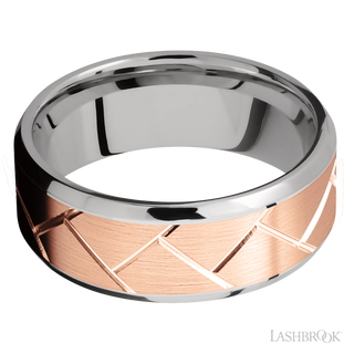 8 mm wide/Beveled/14K White Gold band with one 6 mm Centered inlay of 14K Rose Gold with a machined Flatweave pattern.