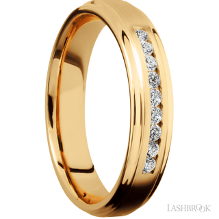 5 mm wide/Flat Grooved Edges/14K Yellow Gold band with an  arrangement of 9, .03 carat Round Diamond stones in a Channel setting.