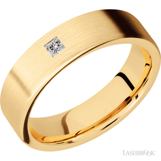 6 mm wide/Flat/14K Yellow Gold band with an  arrangement of 1, .1 carat Princess Diamond stones in a Flush setting.