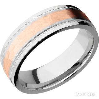 7 mm wide/Flat Stepped Edges Milgrain/Cobalt Chrome band with one 3 mm Centered inlay of 14K Rose Gold.