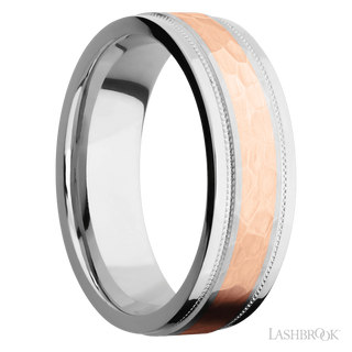 7 mm wide/Flat Stepped Edges Milgrain/Cobalt Chrome band with one 3 mm Centered inlay of 14K Rose Gold.