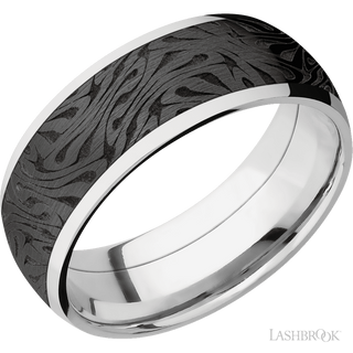 8 mm wide/Domed/Cobalt Chrome band with one 6 mm Centered inlay of Zirconium with a laser carved Escher 1 pattern.
