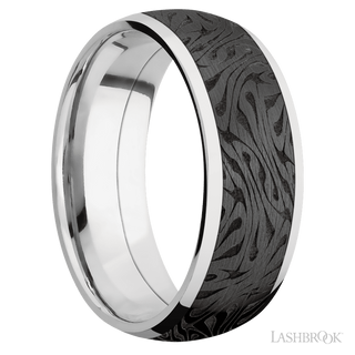 8 mm wide/Domed/Cobalt Chrome band with one 6 mm Centered inlay of Zirconium with a laser carved Escher 1 pattern.