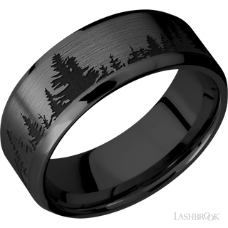 8 mm wide/Beveled/Zirconium band with a laser carved Trees pattern.