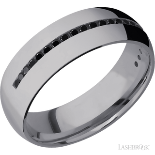 7 mm wide/Domed/Tantalum band with a Half Eternity arrangement of .015 carat Round Black Diamond stones in a Channel setting.