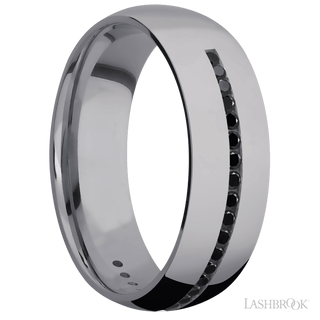 7 mm wide/Domed/Tantalum band with a Half Eternity arrangement of .015 carat Round Black Diamond stones in a Channel setting.
