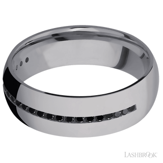 7 mm wide/Domed/Tantalum band with a Half Eternity arrangement of .015 carat Round Black Diamond stones in a Channel setting.