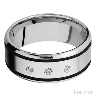 9 mm wide/Beveled/Cobalt Chrome band with  two 1 mm Wide inlays of Black and featuring an  arrangement of 3, .05 carat Round Diamond stones in a Flush setting
