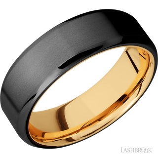 7 mm wide Beveled Zirconium band featuring a 14K Yellow Gold sleeve.