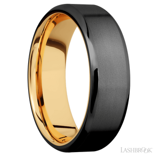 7 mm wide Beveled Zirconium band featuring a 14K Yellow Gold sleeve.