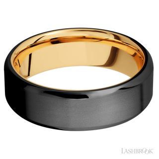 7 mm wide Beveled Zirconium band featuring a 14K Yellow Gold sleeve.
