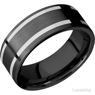 8 mm wide/Flat/Zirconium band with two 1 mm Wide inlays of 14K White Gold.