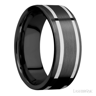 8 mm wide/Flat/Zirconium band with two 1 mm Wide inlays of 14K White Gold.