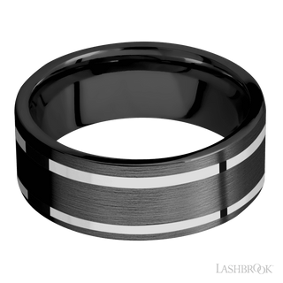 8 mm wide/Flat/Zirconium band with two 1 mm Wide inlays of 14K White Gold.
