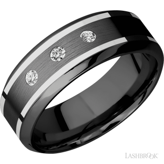 8 mm wide/High Bevel/Zirconium band with  two 1 mm Wide inlays of 14K White Gold and featuring an  arrangement of 3, .05 carat Round Diamond (ST) stones in a Flush setting