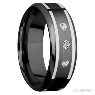 8 mm wide/High Bevel/Zirconium band with  two 1 mm Wide inlays of 14K White Gold and featuring an  arrangement of 3, .05 carat Round Diamond (ST) stones in a Flush setting
