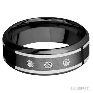 8 mm wide/High Bevel/Zirconium band with  two 1 mm Wide inlays of 14K White Gold and featuring an  arrangement of 3, .05 carat Round Diamond (ST) stones in a Flush setting