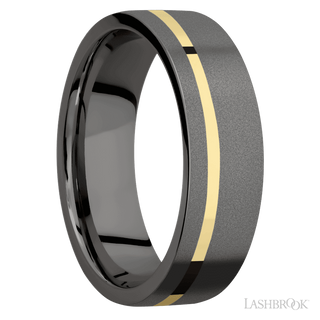 7 mm wide/Flat/Tantalum Noir band with one 1 mm Off Center inlay of 14K Yellow Gold.