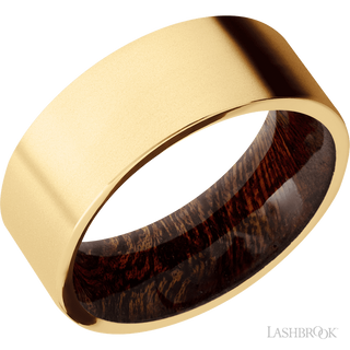 8 mm wide Flat 14K Yellow Gold band featuring a Sapele sleeve.