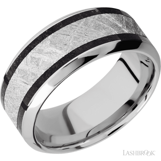 9 mm wide/High Bevel/Cobalt Chrome band featuring inlays of Dinosaur Bone Black and Meteorite.